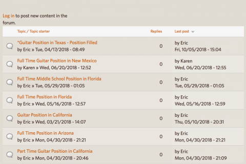 A screen shot of the "Jobs" page on GuitarCurriculum.com
